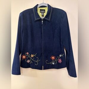 Vintage Positive Attitude Navy Blue Embroidered Faux Suede zip up jacket, s 14